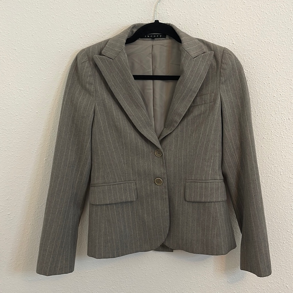 Theory Striped Wool Blend Blazer Grey/Beige Petite